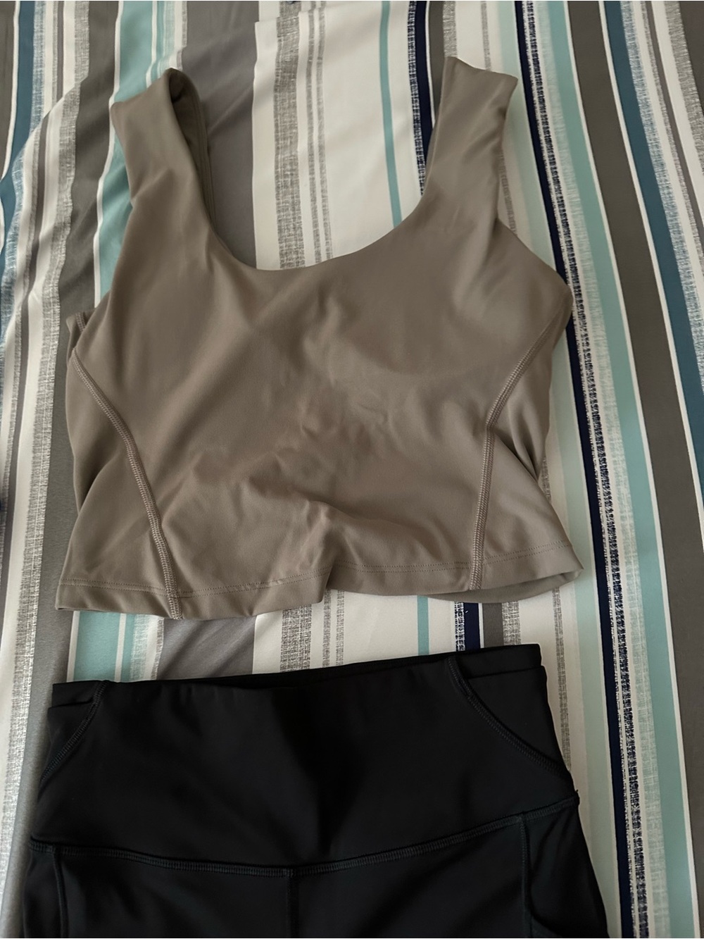 lululemon cobalt blue tank, taupe crop tank & black shorts set - Picture 3 of 5